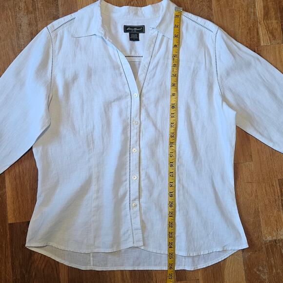 Eddie Bauer Top Womens L White Linen 3/4 Sleeve Button Down Eyelet Coastal Chic - Picture 7 of 8